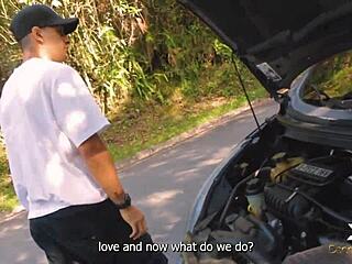 nymphomaniac fucks her lover and the mechanic on a public outdoor spot with danner mendez and yenifer chacon