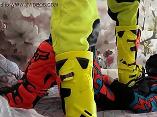 Motocross rider feels thrill of boots treading in gay competition