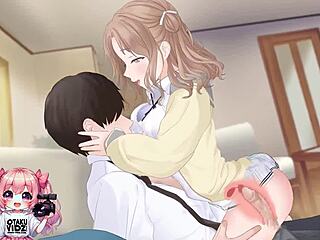 Hot college girl is riding hard. She gives handjob for cumshot in anime.