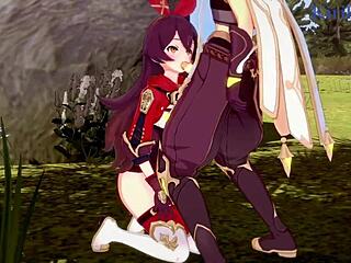 Amber and Fischl in Wild Genshin Impact Hentai Action!