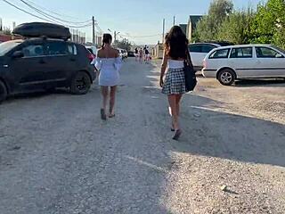 Two Girls Flash Pussies in Public Without Panties