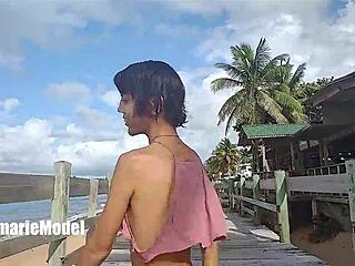 Public armpit and hairy boobs bounce in this video