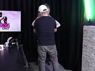 Aline demonstrates blowjob while stripping and exposing herself, leaving husband naked.