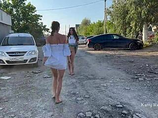 Two girls go naked in public and reveal their private parts