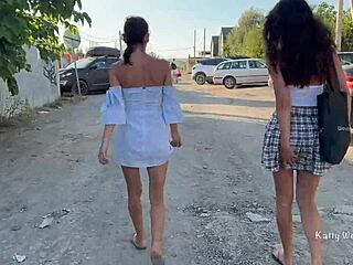 Two Girls Flash Pussies in Public Without Panties