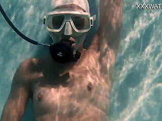 Naked petite brunette masturbates by pool