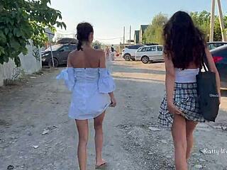 Two Girls Flash Pussies in Public Without Panties