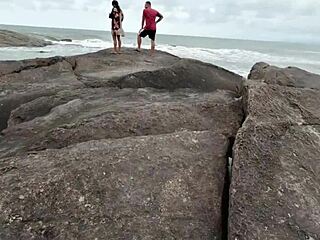 Skinny teen gets pounded by hung men on beach