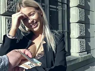 Big-boobed secretary gets fucked on street in public casting