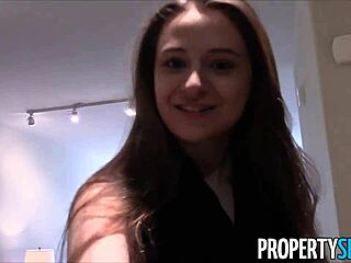 Young real estate agent shows off big natural tits