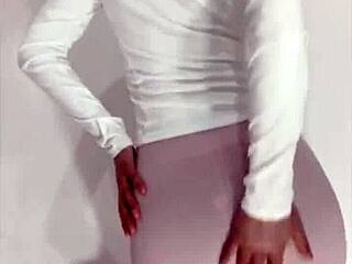 young woman in open crotch stockings masturbates alone