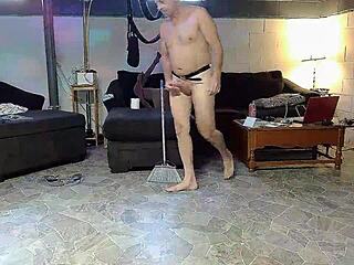 Gay naturist has some fun while cleaning the house and satisfying his urges