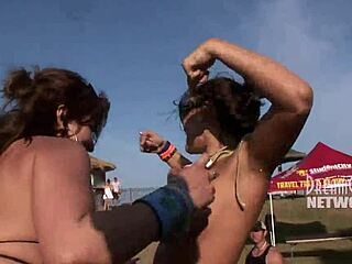 Spring break whip cream contest turns into wild tit licking action! 😜