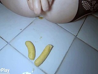 Food play with bananas in extreme anal scenes with an anime MILF