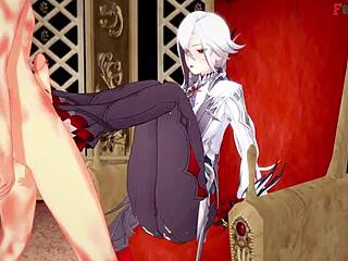 Arlecchino's sensual footwork and blowjob in Genshin Impact
