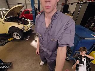 Gay twink mechanic blows and fucks his boss bareback in the garage