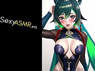 Japanese cosplay babe in sexy anime costume gives ASMR moans