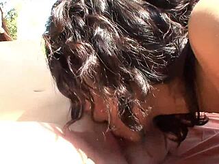 Hot bisexual group with girls kissing and licking each other