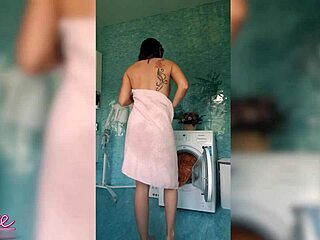 A hot babe performs deep sucking and sensual fucking while cleaning the house with big cock action