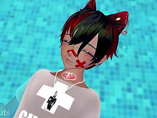 Asian MILF enjoys pool time with cute femboy companion