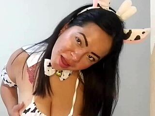 A sexy cow in lingerie seduces a horny farmer