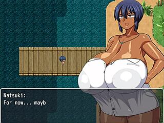 Tanned girl Natsuki flashes huge tits in hentai game
