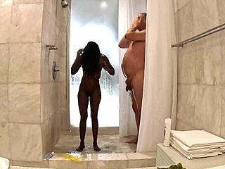 Ebony MILF's steamy shower with white sugar daddy
