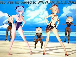 Genshin Impact characters in 3D cartoon hentai MMD animation