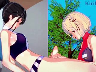Futanari sex with big tits Chisato and Takina in 3D