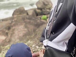 Small girl with an amazing ass gets into trouble at the beach