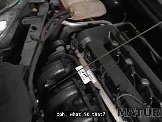 Mature4K Texas Patti screws on car roof while husband watches