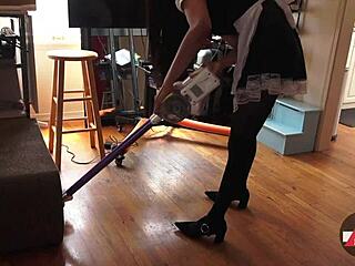 An Asian maid in French costume cleans the house