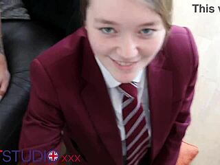 Stepmother seduces student and gives him a messy blowjob in public