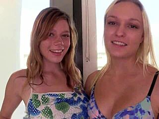 Mia Collins and Victoria Brookes give blowjob to one guy
