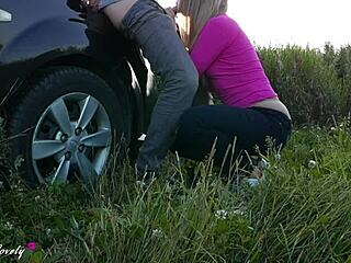 Horny taxi driver bangs blonde babe in public parking lot
