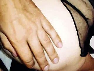 Cute wife in erotic fishnet bodysuit spreads legs wide!