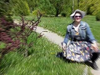 Public display of hairy and fat beauty in transparent dress in the park