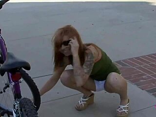 Inked Blonde Muff Diver Lures Cyclist for Double-Ended Dildo Action