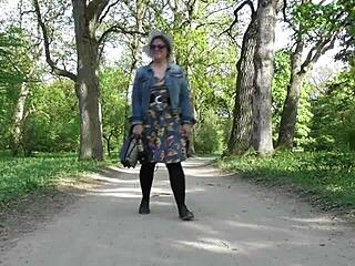 Public display of hairy and fat beauty in transparent dress in the park