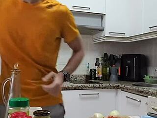 Cooking Omelette Naked, Jerking Monster Cock to Intense Cumshot on Food