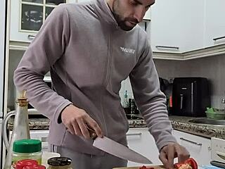 Cooking Omelette Naked, Jerking Monster Cock to Intense Cumshot on Food