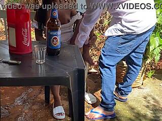 A sixty-year-old naughty man fucks a latina girl in a brazilian bar outdoors with amateurs watching