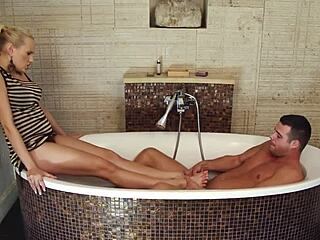 Steamy shower scene ends up in hot sex with footjob and blowjob