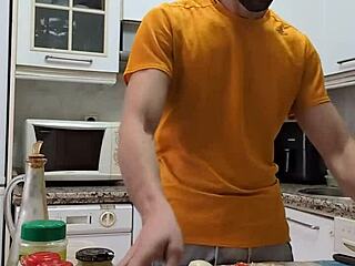 Cooking Omelette Naked, Jerking Monster Cock to Intense Cumshot on Food