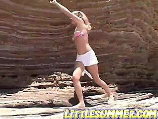 Little Summer Showing Natural Tits And Pussy At The Beach