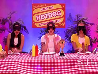 Hot dog eating competition turns into a steamy threesome with a strapon