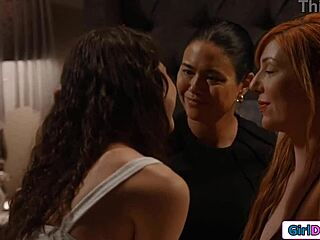 A college student seduces her step-moms and their friends in a lesbian orgy with a strap-on