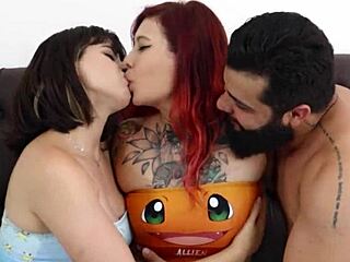 Threesome destroying otaku redhead's ass and busty white girl's tits 😍