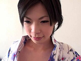 Japanese model Saki Aoyama sucks hard cock outdoors in kimono uncensored.