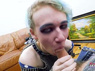 Petite coed Raven masturbates and swallows cum from cock